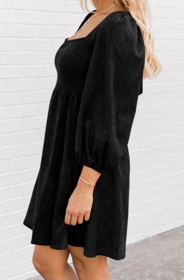 Fonda Suede Square Neck Puff Sleeve Dress - Rebel Nomad