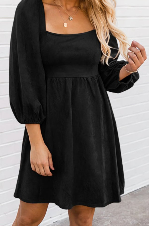 Fonda Suede Square Neck Puff Sleeve Dress - Rebel Nomad