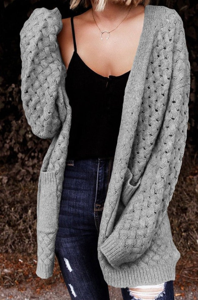 Fortuna Open Front Woven Texture Knitted Cardigan with Pockets - Rebel Nomad