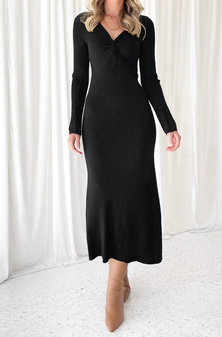 Gacrux Twisted V Neck Ribbed Knit Sweater Dress - Rebel Nomad