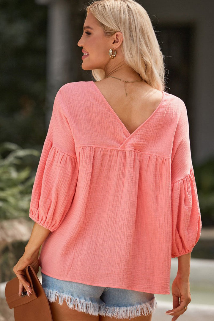 Gala Textured V Neck Bracelet Sleeve Babydoll Blouse - Rebel Nomad