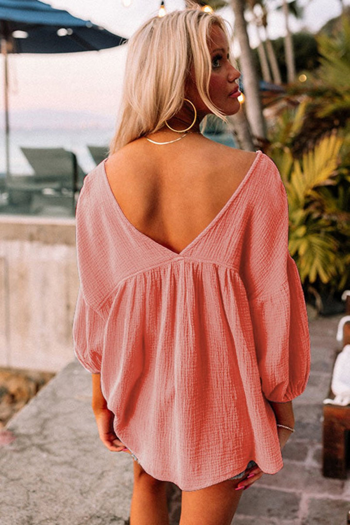 Gala Textured V Neck Bracelet Sleeve Babydoll Blouse - Rebel Nomad