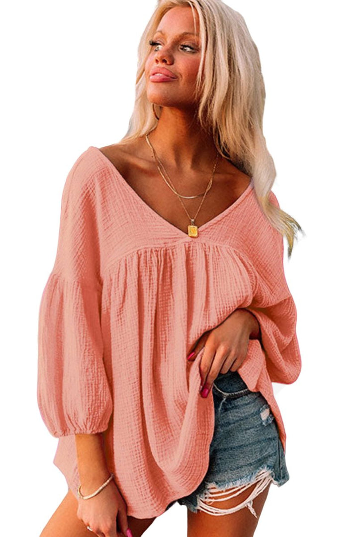 Gala Textured V Neck Bracelet Sleeve Babydoll Blouse - Rebel Nomad