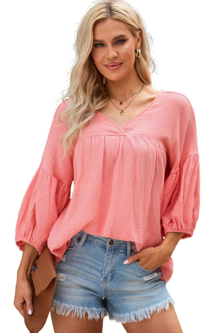 Gala Textured V Neck Bracelet Sleeve Babydoll Blouse - Rebel Nomad