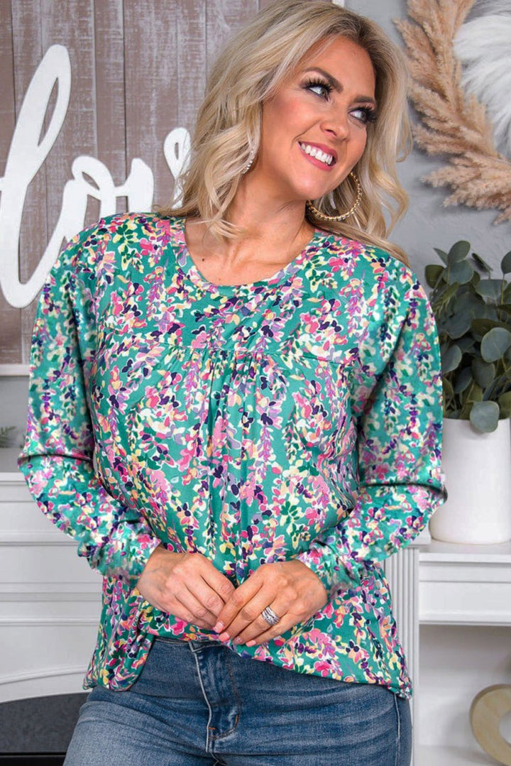 Galaxia Floral Pleated Round Neck Long Sleeve Blouse - Rebel Nomad