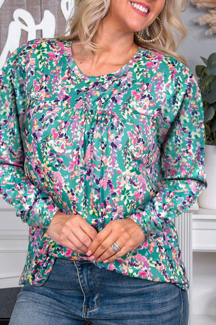 Galaxia Floral Pleated Round Neck Long Sleeve Blouse - Rebel Nomad