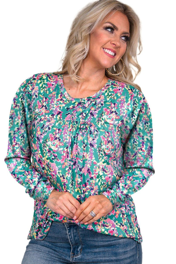 Galaxia Floral Pleated Round Neck Long Sleeve Blouse - Rebel Nomad