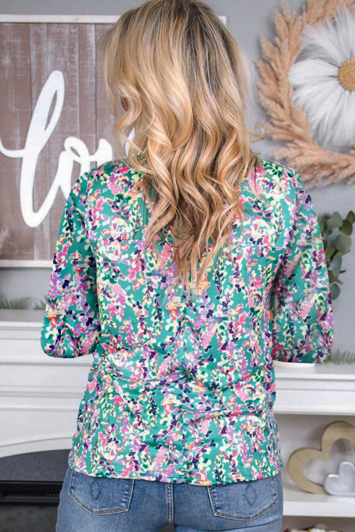 Galaxia Floral Pleated Round Neck Long Sleeve Blouse - Rebel Nomad