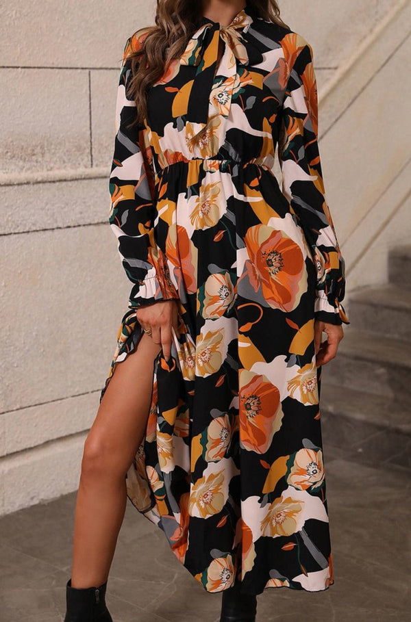 Galaxie Floral Print Tie Neck Long Sleeve Dress - Rebel Nomad