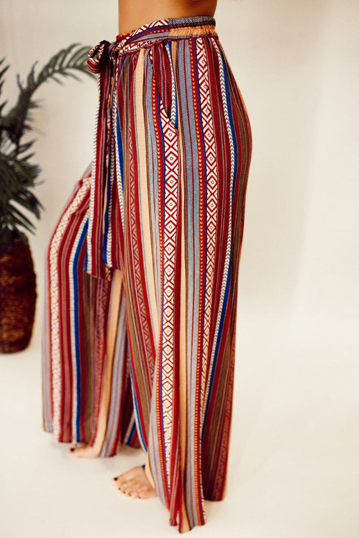 Georgia Boho Ethnic Striped Print Tie Waist Wide Leg Pants - Rebel Nomad