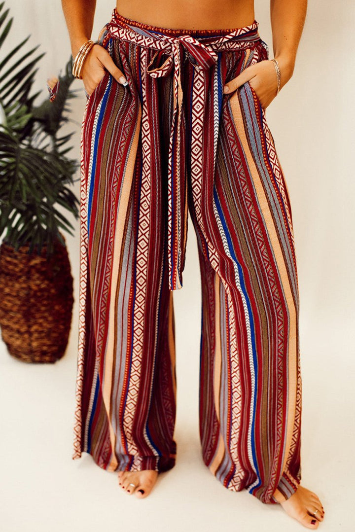 Georgia Boho Ethnic Striped Print Tie Waist Wide Leg Pants - Rebel Nomad