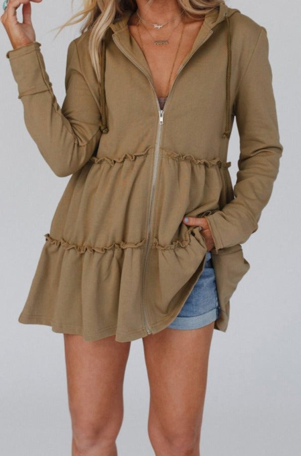 Geraldine Tiered Ruffled Zip-Up Drawstring Hooded Jacket - Rebel Nomad