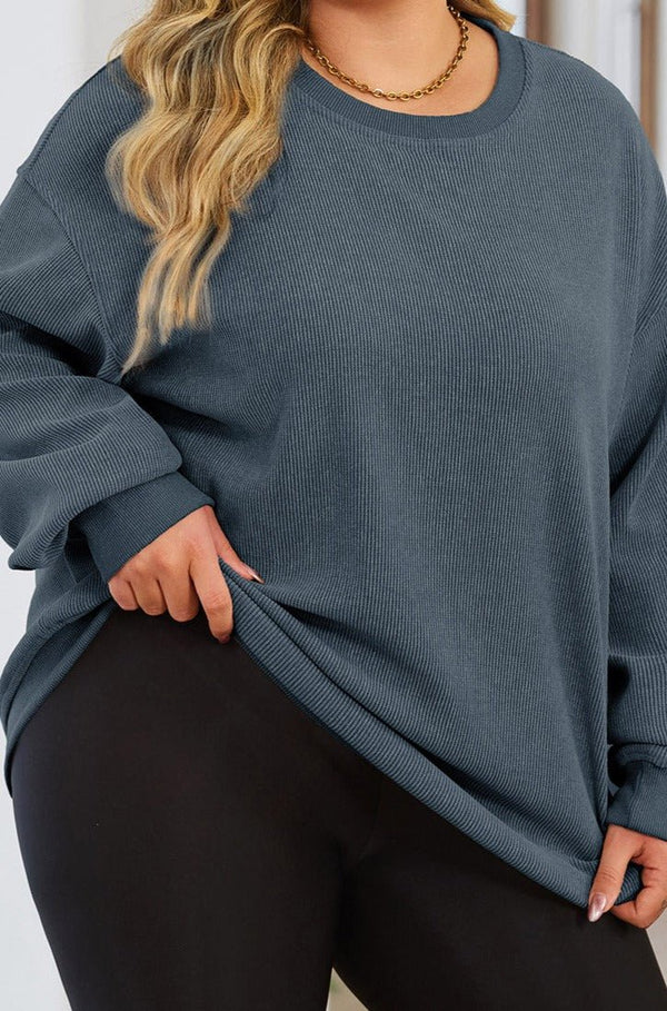 Gerda Plus-Size Corded Round Neck Sweatshirt - Rebel Nomad