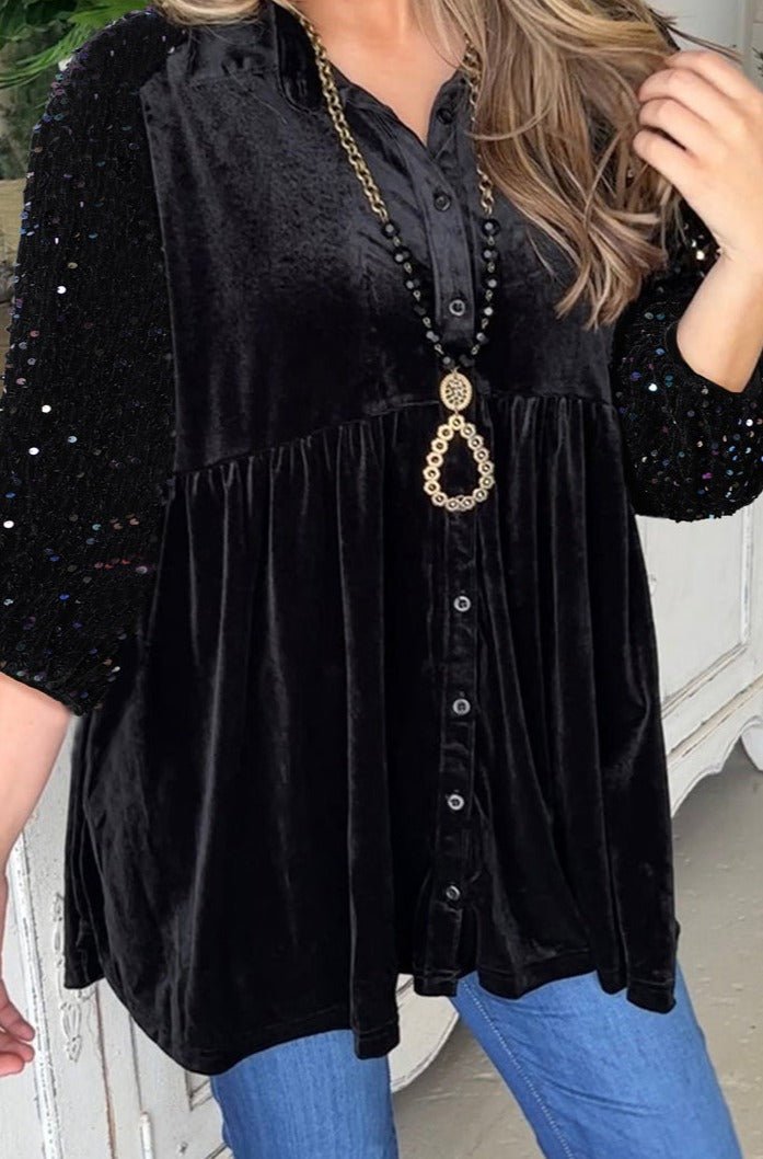 Germaine Sequin Puff Sleeve Buttoned Velvet Peplum Shirt - Rebel Nomad