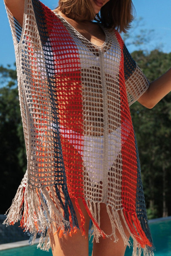 Gladys Striped Tassel Crochet V Neck Beach Cover-Up - Rebel Nomad