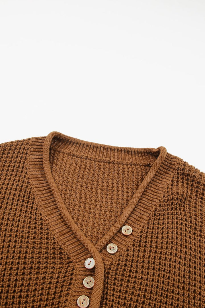 Glinda Pointelle Knit Button V Neck Drop Shoulder Sweater - Rebel Nomad