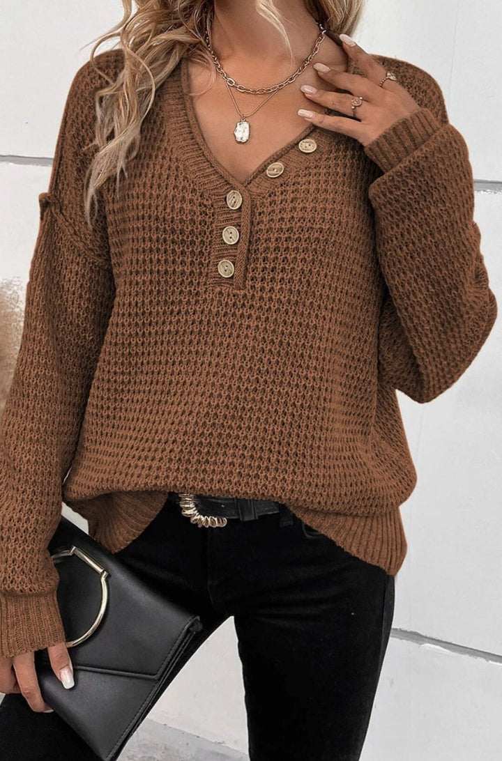 Glinda Pointelle Knit Button V Neck Drop Shoulder Sweater - Rebel Nomad