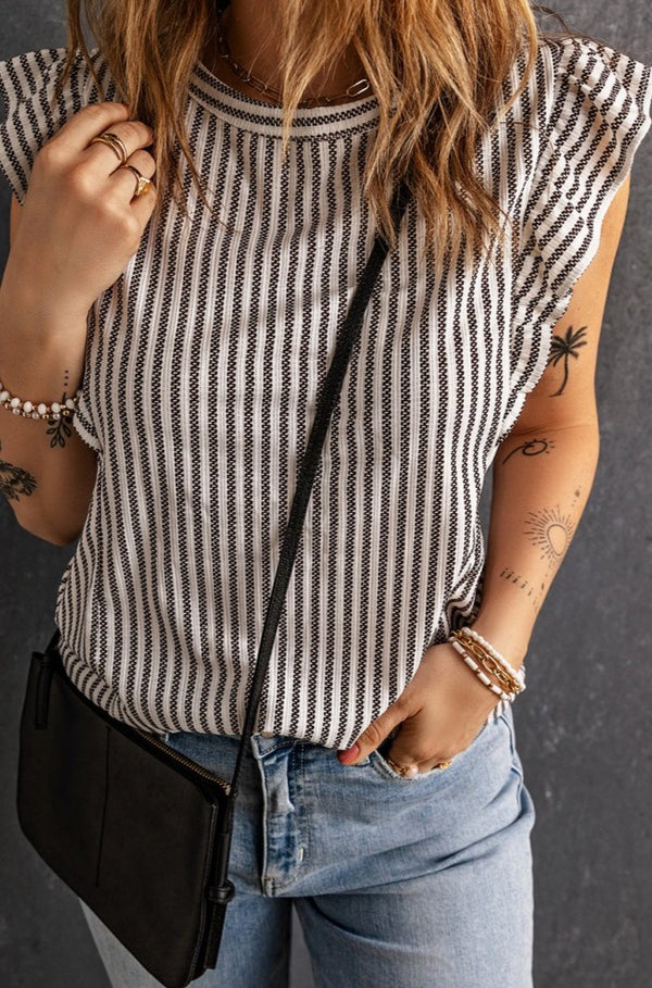 Gray Crew Neck Ruffled Striped Tank Top - Rebel Nomad