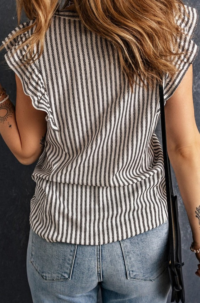 Gray Crew Neck Ruffled Striped Tank Top - Rebel Nomad