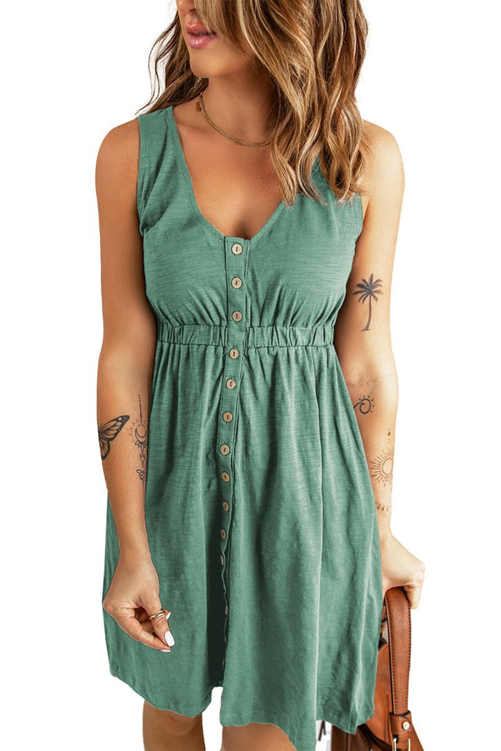 Green Buttons Sleeveless High Waist Mini Dress - Rebel Nomad