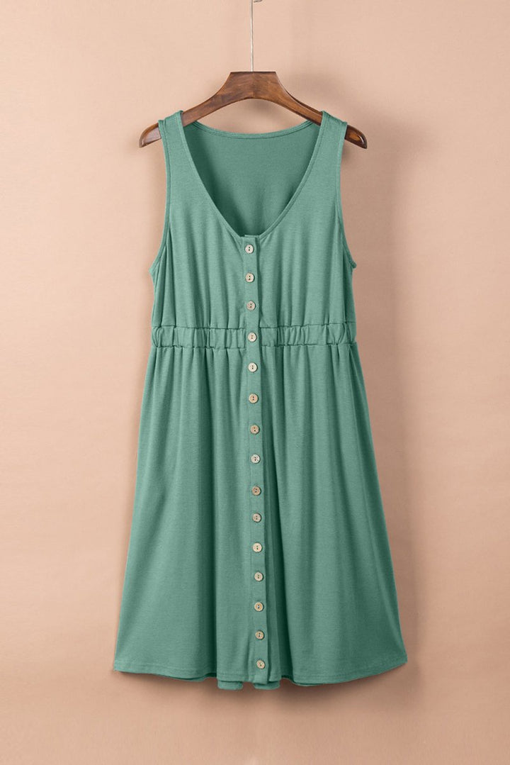 Green Buttons Sleeveless High Waist Mini Dress - Rebel Nomad