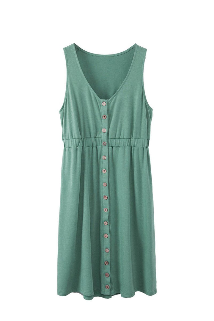 Green Buttons Sleeveless High Waist Mini Dress - Rebel Nomad