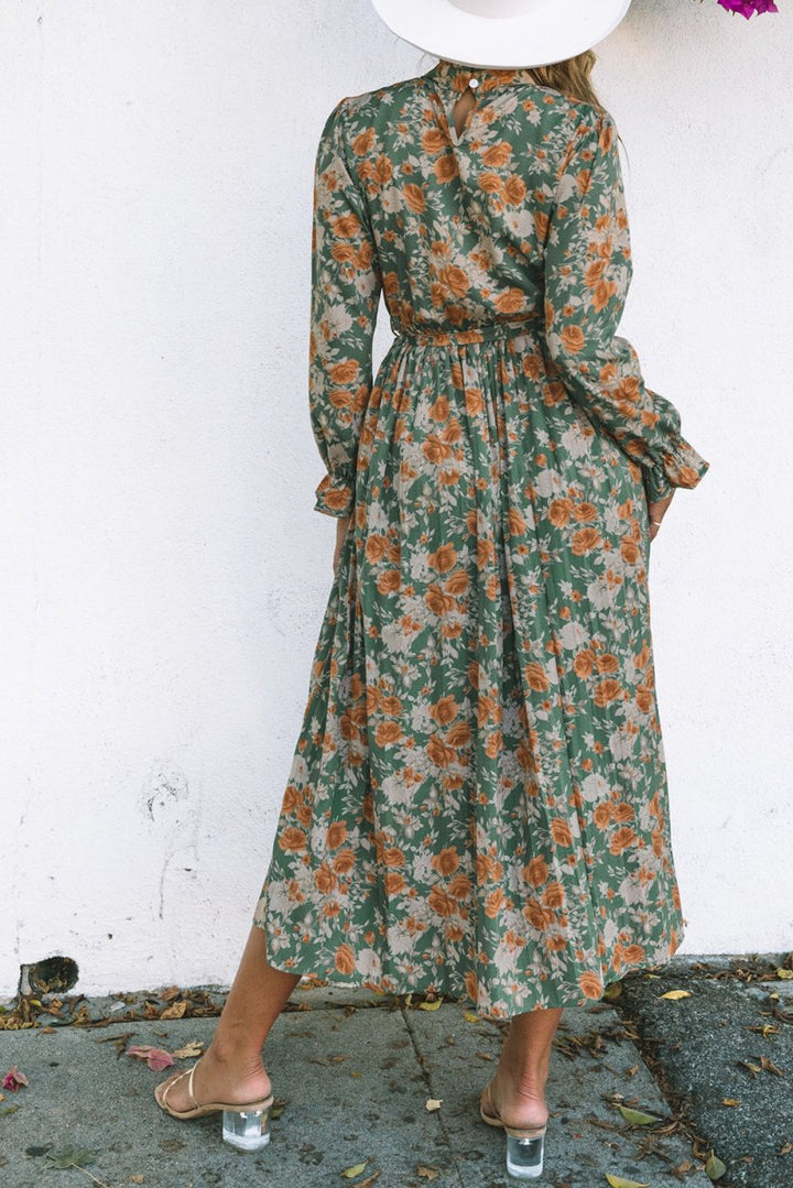 Green Pleated Long Sleeve Maxi Floral Dress with Tie - Rebel Nomad
