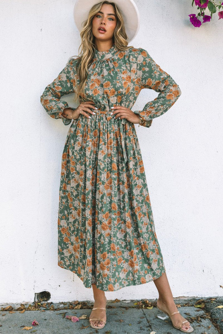 Green Pleated Long Sleeve Maxi Floral Dress with Tie - Rebel Nomad