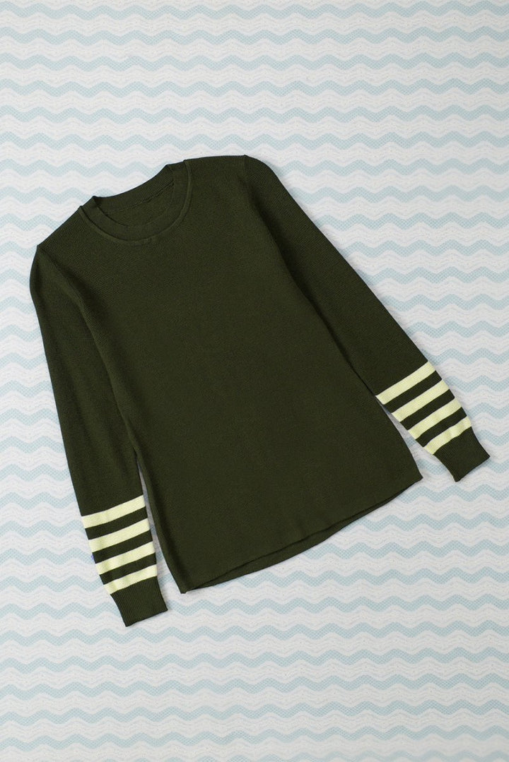 Green Striped Sleeve Plain Knit Sweater - Rebel Nomad
