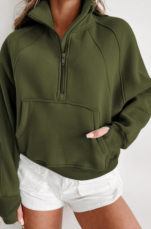 Green Zip Up Stand Collar Ribbed Thumbhole Sleeve Sweatshirt - Rebel Nomad