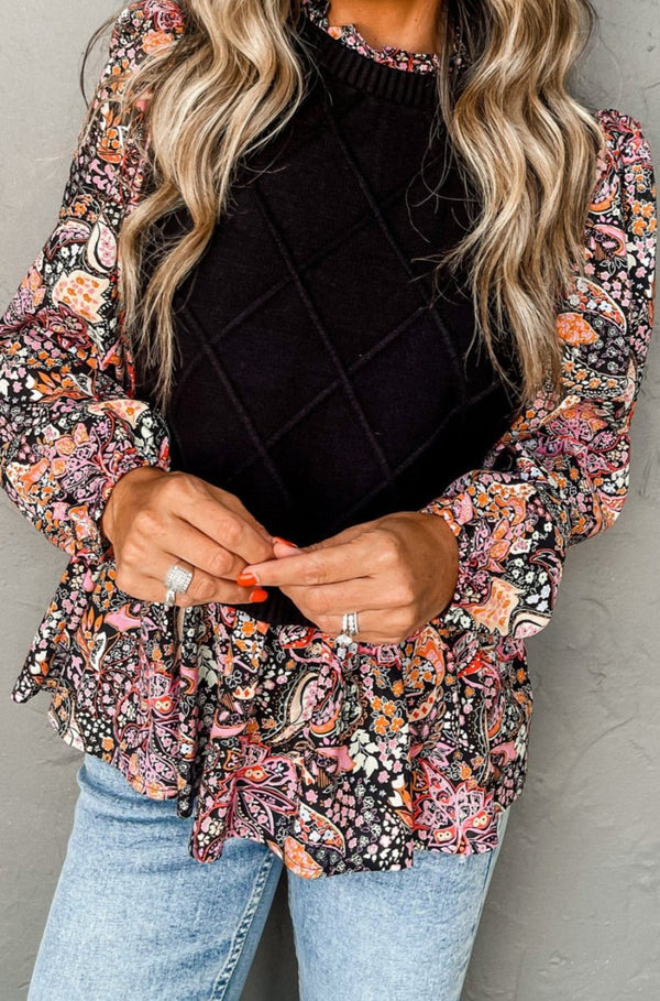 Greta Contrast Floral Sleeve Peplum Sweater - Rebel Nomad