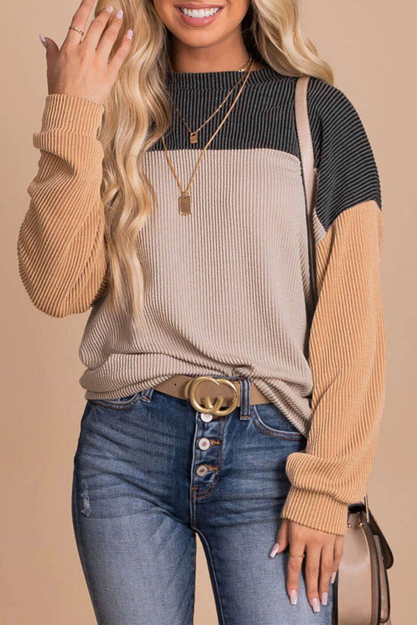 Guadalupe Color Block Long Sleeve Ribbed Loose Top - Rebel Nomad