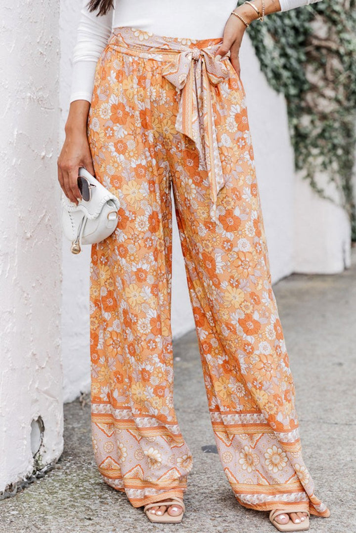 Guadalupe Orange Tie Waist Boho Floral Wide Leg Pants - Rebel Nomad