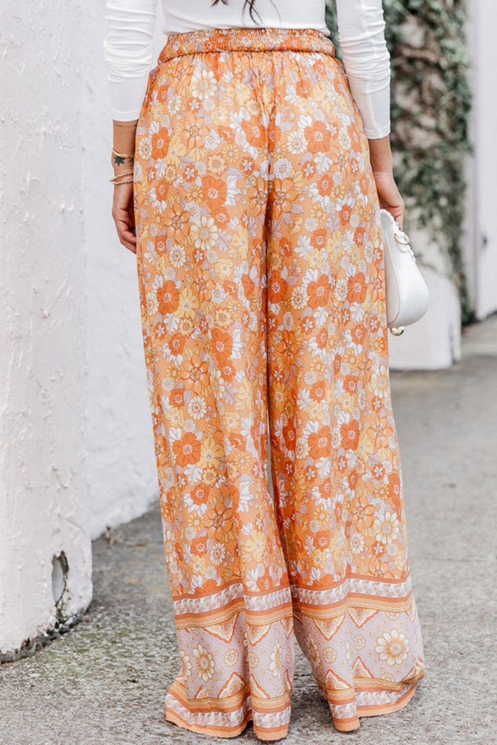 Guadalupe Orange Tie Waist Boho Floral Wide Leg Pants - Rebel Nomad