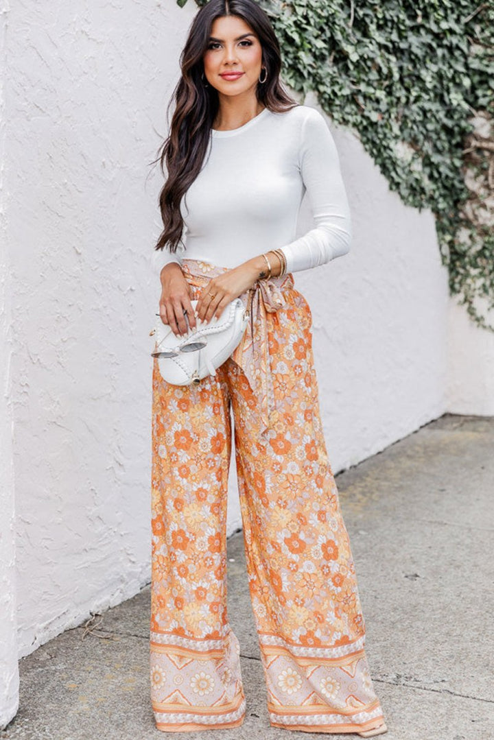 Guadalupe Orange Tie Waist Boho Floral Wide Leg Pants - Rebel Nomad