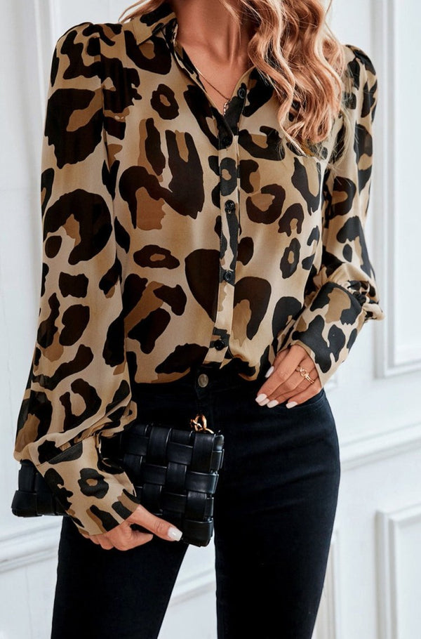 Gudrun Leopard Bishop Sleeve Button up Turn Down Collar Shirt - Rebel Nomad