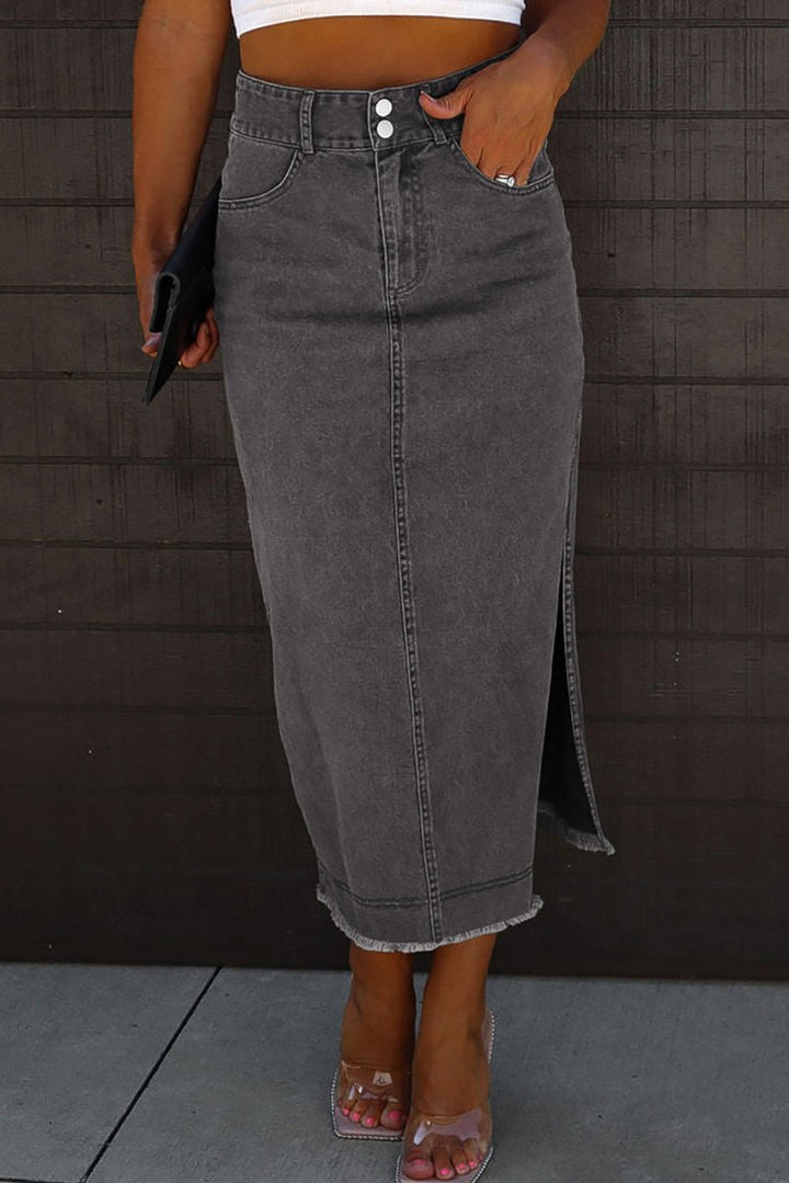 Gwenaelle Raw Edge Side Slits Buttoned Midi Denim Skirt - Rebel Nomad