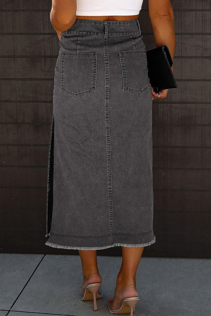 Gwenaelle Raw Edge Side Slits Buttoned Midi Denim Skirt - Rebel Nomad