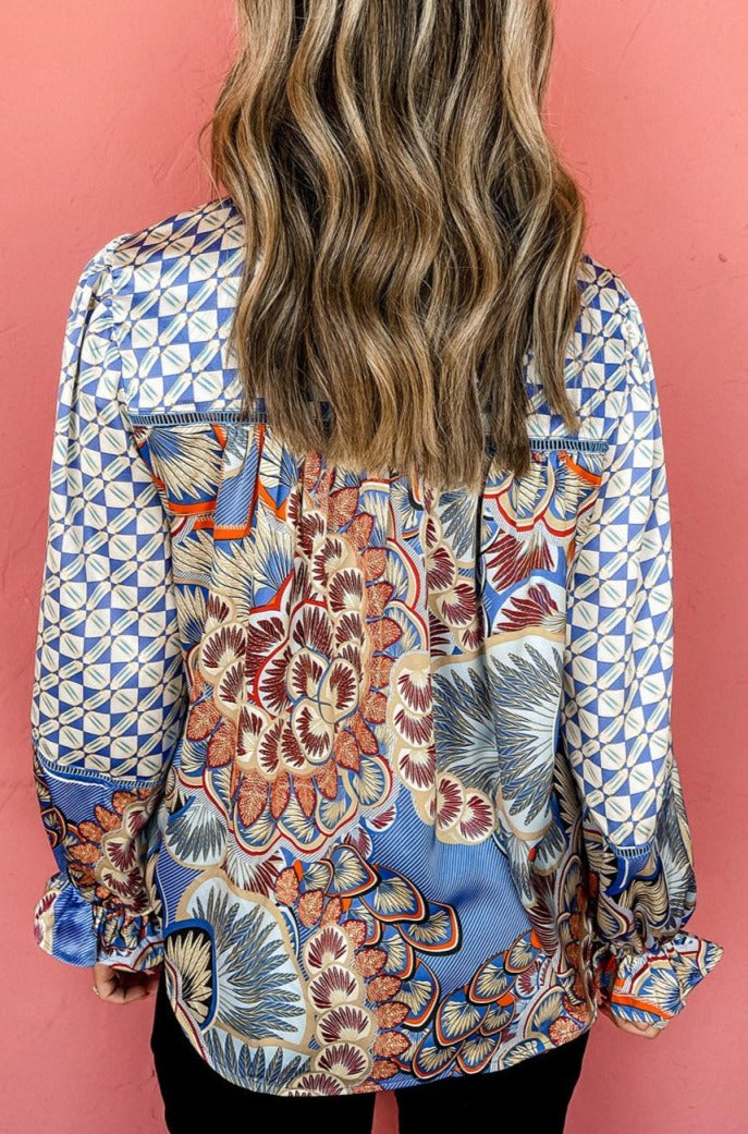 Gypsylyn Mixed Floral Geometric Print Ruffled Long Sleeve Blouse - Rebel Nomad