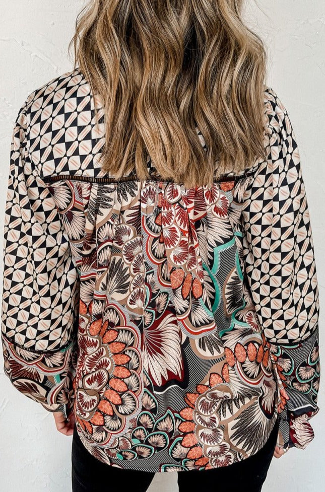 Gypsylyn Mixed Floral Geometric Print Ruffled Long Sleeve Blouse - Rebel Nomad