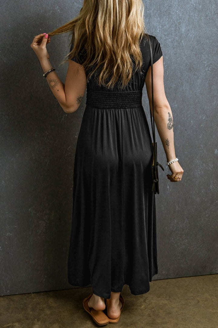 Hadleigh Short Sleeve Shirred High Waist V Neck Maxi Dress - Rebel Nomad