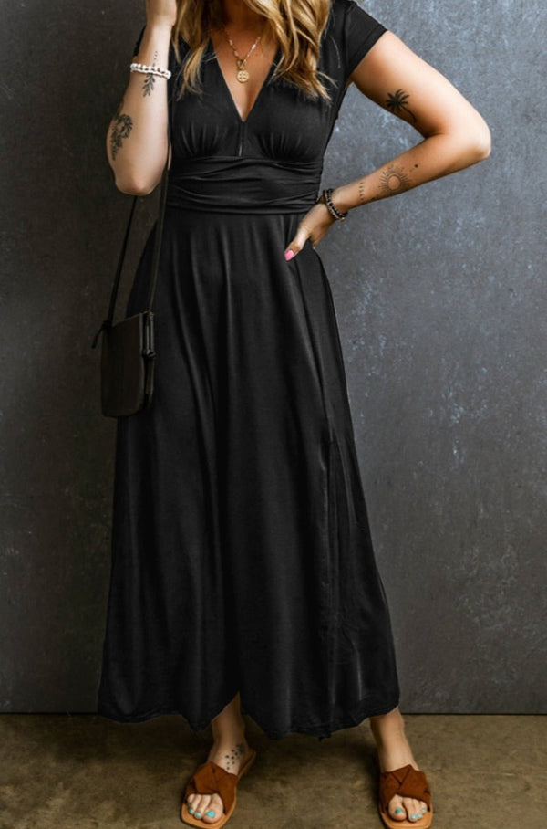 Hadleigh Short Sleeve Shirred High Waist V Neck Maxi Dress - Rebel Nomad