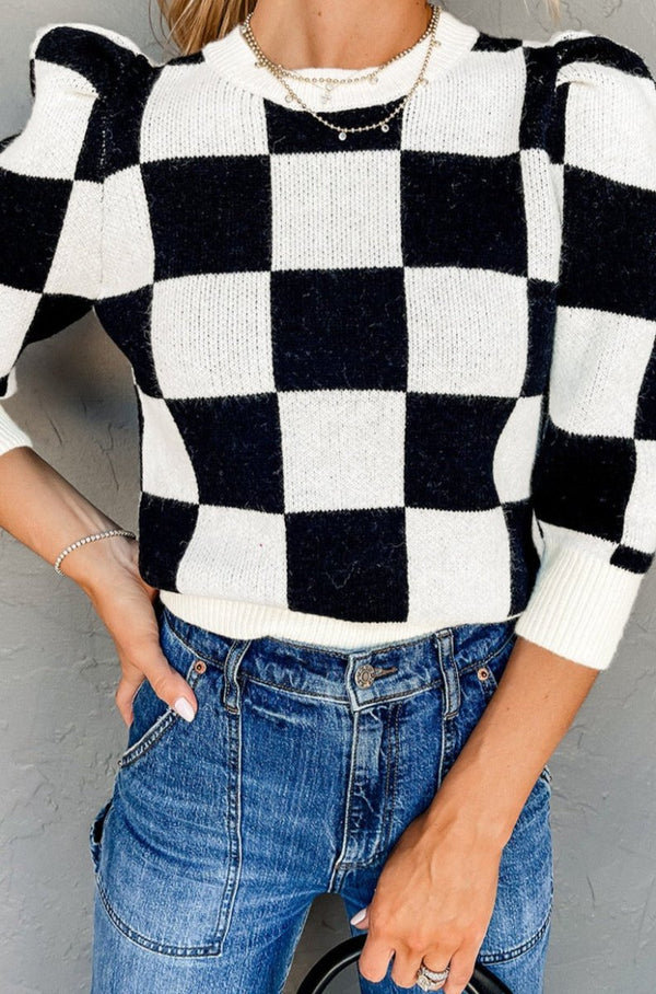 Hae Two Tone Checkered Bubble Sleeve Knit Top - Rebel Nomad