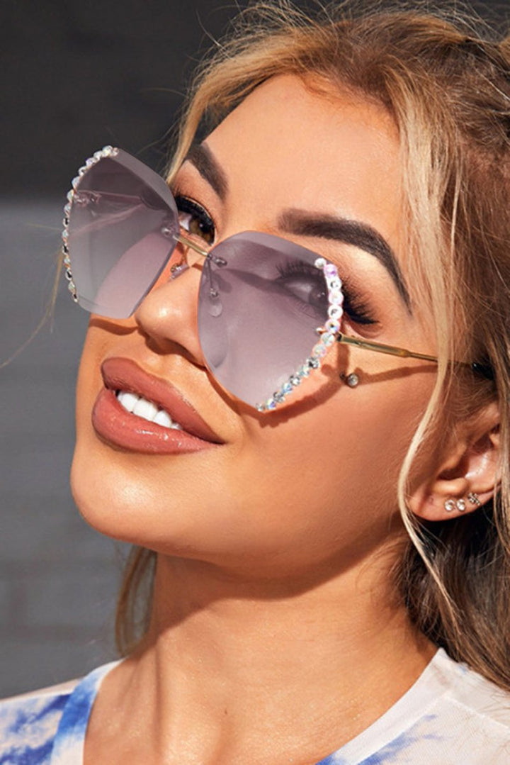 Harleigh Rhinestone Trim Rimless Sunglasses - Rebel Nomad