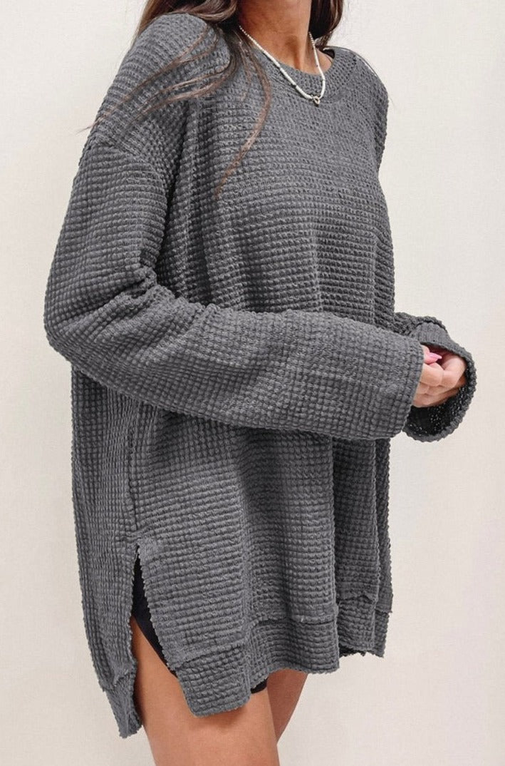 Harmoni Waffle Knit High Slits Oversized Top - Rebel Nomad