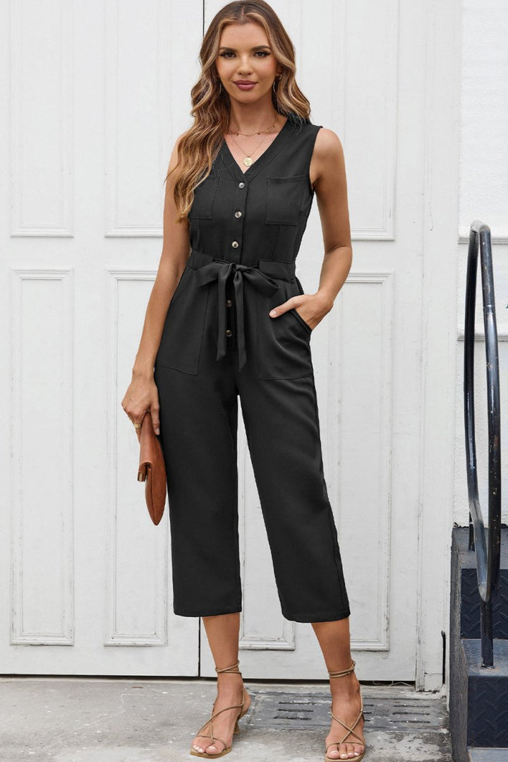 Harriet Buttoned Sleeveless Cropped Jumpsuit with Sash - Rebel Nomad