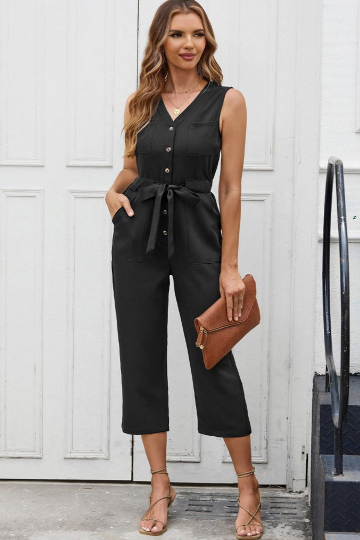 Harriet Buttoned Sleeveless Cropped Jumpsuit with Sash - Rebel Nomad