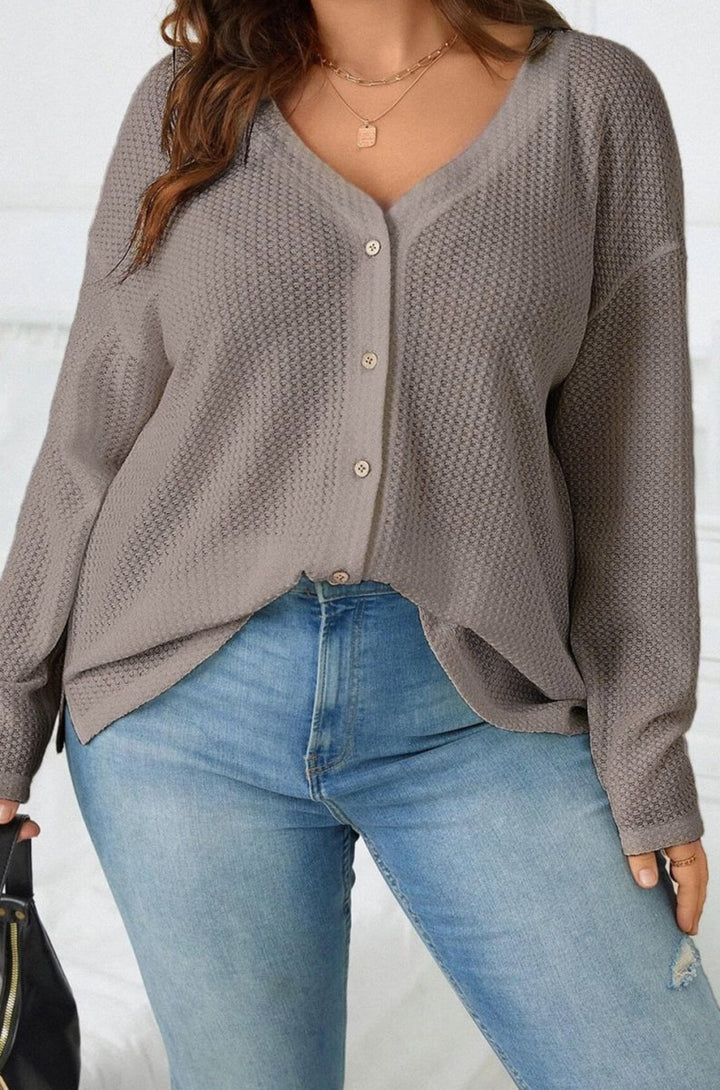 Hedy Waffle Knit Drop Shoulder Button V Neck Plus Size Top - Rebel Nomad