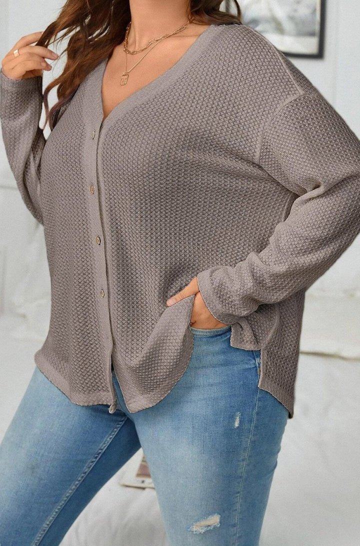 Hedy Waffle Knit Drop Shoulder Button V Neck Plus Size Top - Rebel Nomad