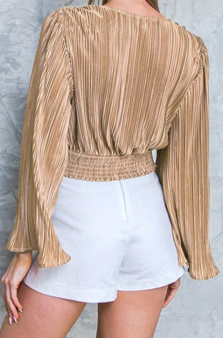 Helen Pleated Bell Sleeve Twist V Neck Cropped Blouse - Rebel Nomad